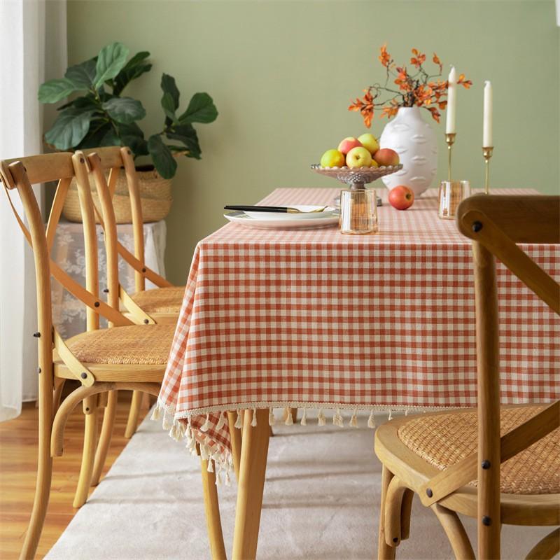Cotton Linen Table Cloth Small Fresh Checkered Desk Cover Nordic Tassel Runner