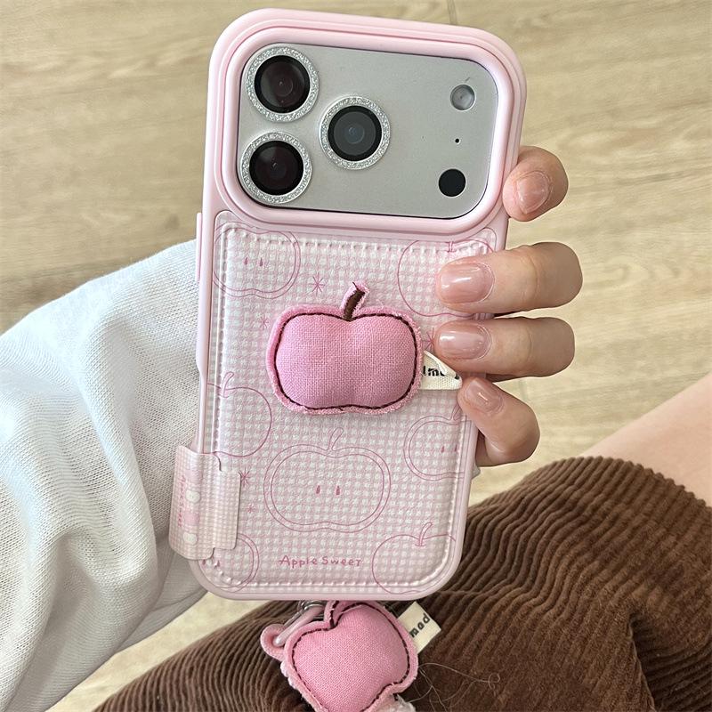 Rosa Karomuster 3D Apfel Handyhülle & Lanyard für iPhone 14, 15, 16 Pro Max, 17