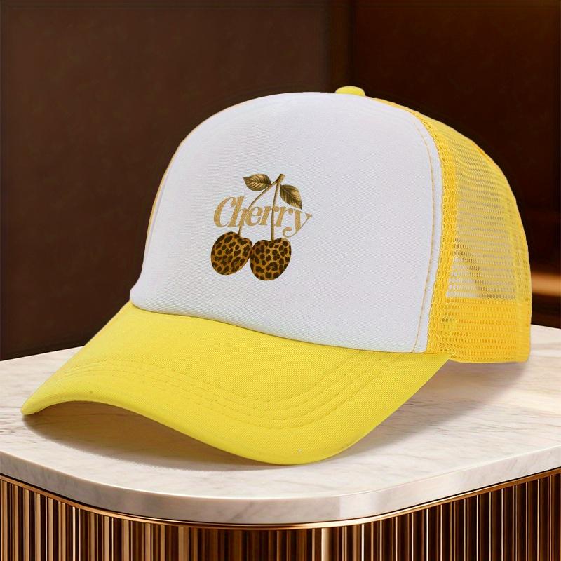 Leopard Cherry Print Trucker Hat Mesh Adjustable Baseball Cap Casual Summer Unisex