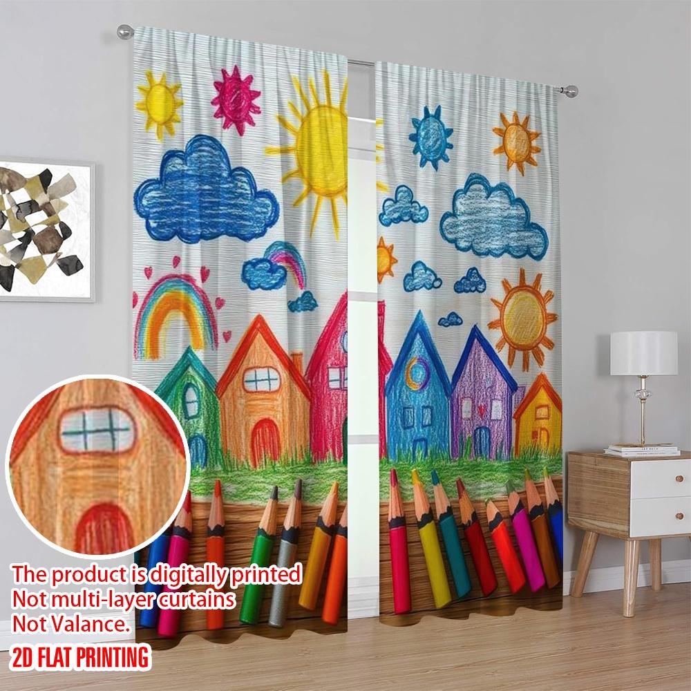 2D flat printing 2pcs Back to School Party Theme Curtain Includes colored crayons_ pencils_ fun school patterns and happy clouds