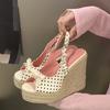 Aneikeh Summer Thick Soled Grass Woven High Heels Casual Retro Roman Sandals Polka Butterfly-kont Wedge Platform Woman Sandals