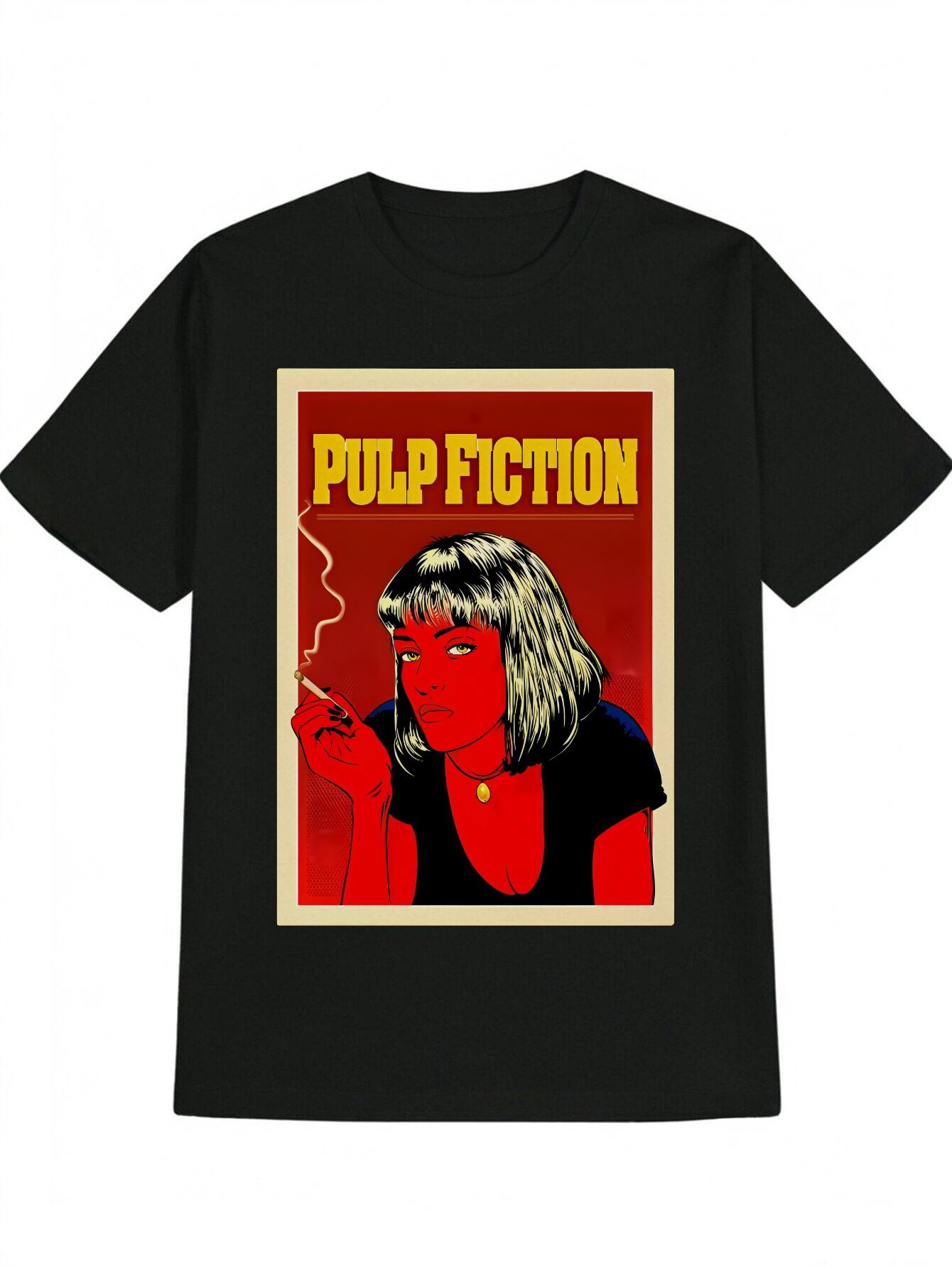 Casual Graphic T-shirt with Bold Pulp Fiction Movie Art Print - Black Round Neck Summer Tee M