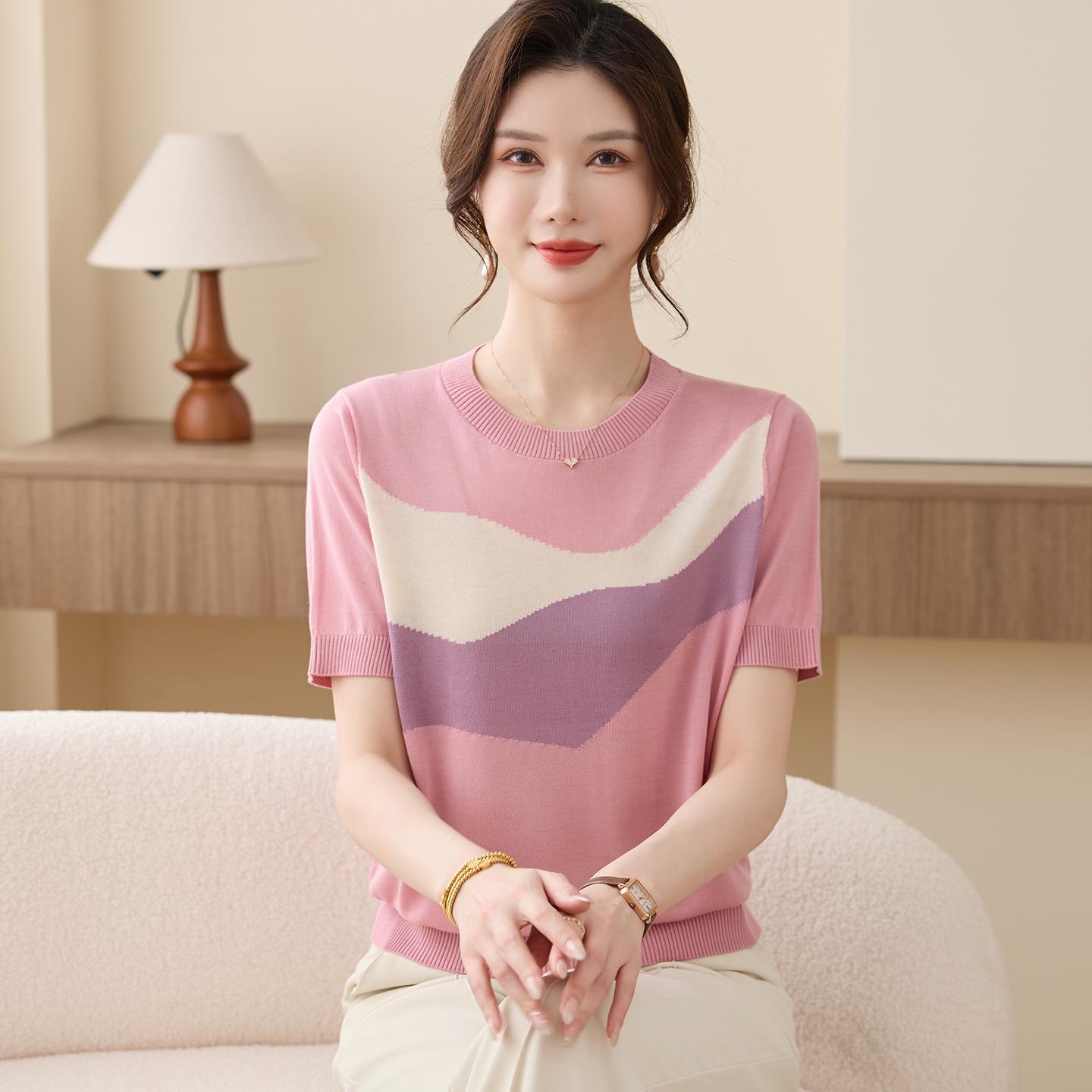 

Tencel 2026 Women s Ice Silk Summer Blouse - Short-Sleeve, Stylish Tee for Middle-Aged & Elderly Moms L (80-100 lbs) рожевий