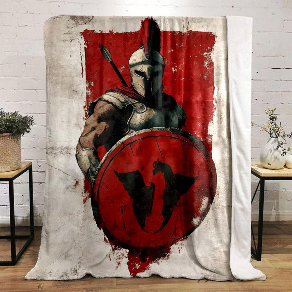 A Spartan Warrior In Armor Holds a Red Shield with a Black Emblem. for All Seasons Blanket Lunch Break Throw Gift