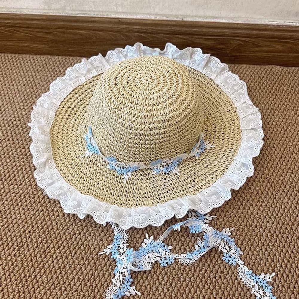 Lightweight Big Brimmed Straw Hat with Garland Woven Sun Cap Elegant Vacation Beach Cap  Summer