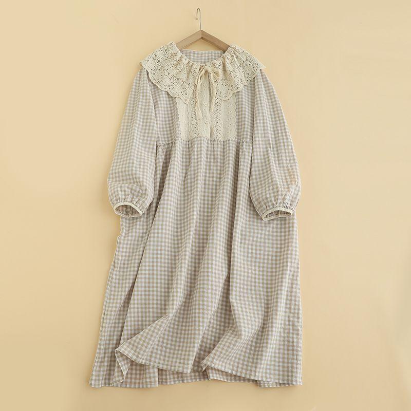

Mori look New Large Collar Long sleeve Plaid Dress Women Loose All-Match Sweet Age-Reducing Mid-Length Skirts Fashion Mika Gingham One size