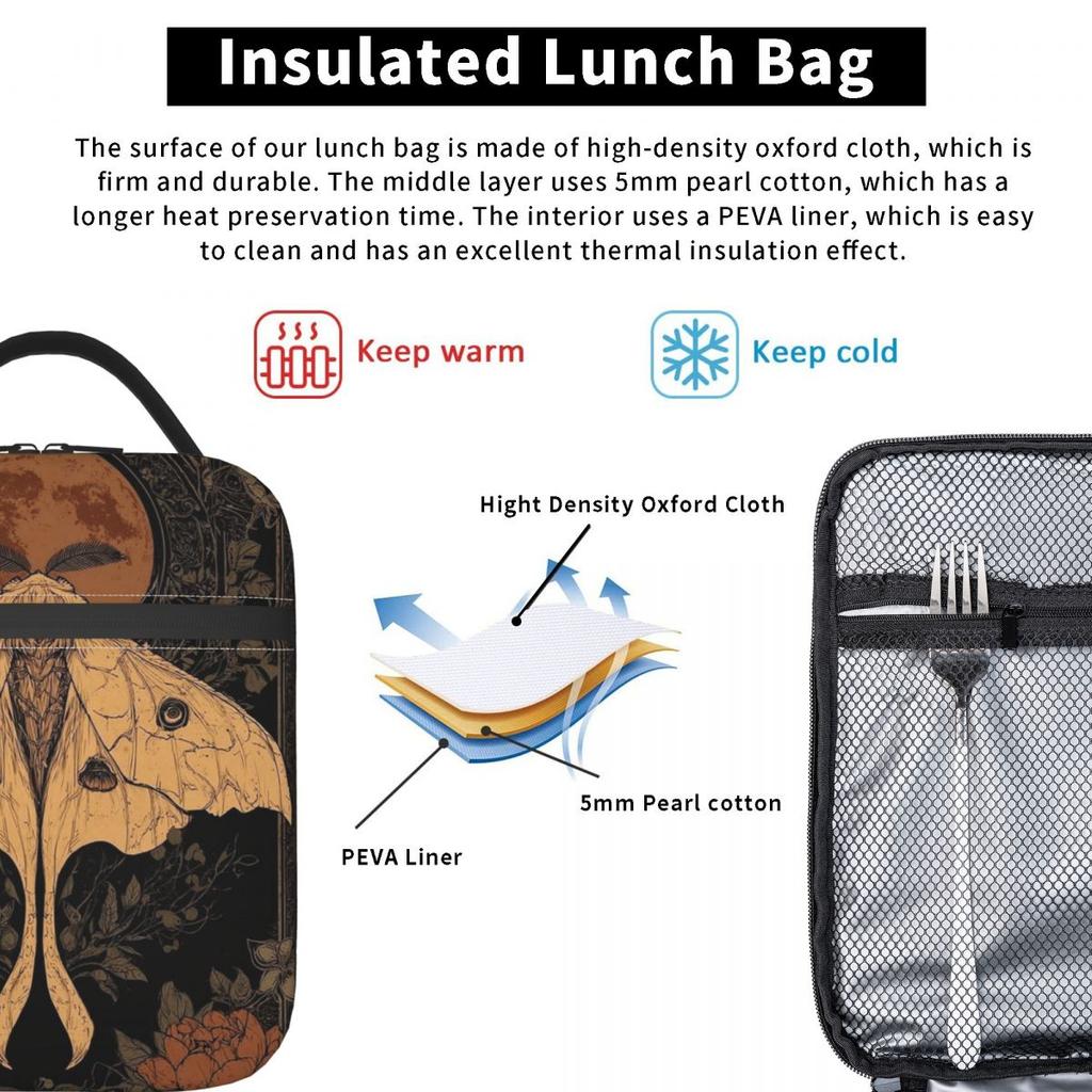GothMoth Themed Artwork Print Insulated Lunch Bag for Women Kids Portable Food Boxes Thermal Lunch Box Tote