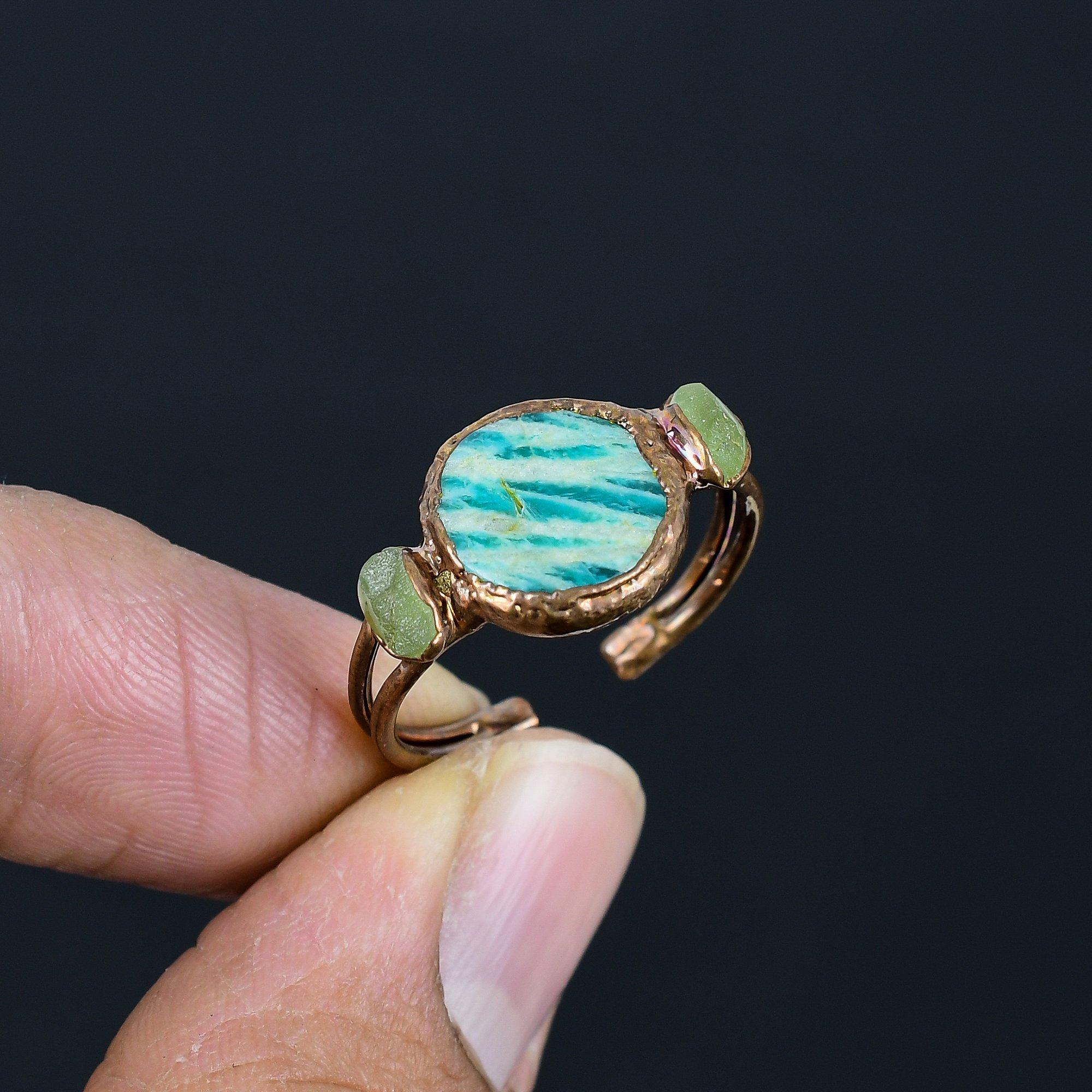 

Кольцо из амазонита ручной работы, кольцо из электроформированной меди, антикварное украшение, регулируемое кольцо, подарок на помолвку