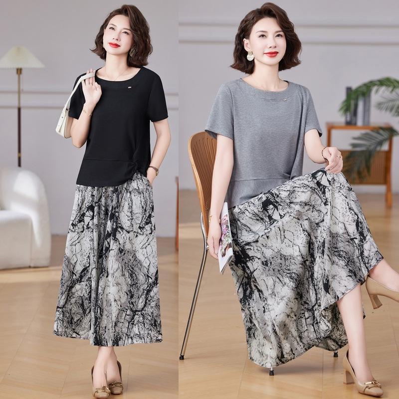 Summer Slim-Fit Short-Sleeve Stylish Skirt Set, Plus Size, Age-Reducing Print