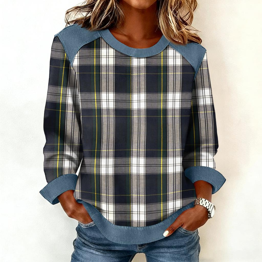 Women Denim Collar Patchwork Stitching Sweatshirt Casual  Pullover Long Sleeve Shirts