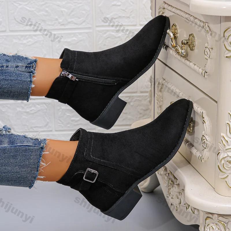 Women Pointy Buckle Ankle Boots Autumn Comfortable Low Heeled Short Boots Woman Suede Leopard Chunky Heel Chelsea Boot