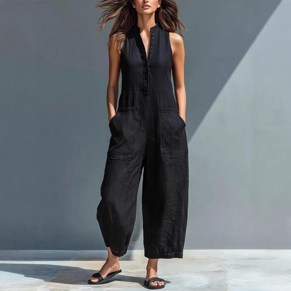 Tuta estiva da donna in cotone e lino senza maniche con bottoni, colletto alla coreana, vestibilità ampia, pezzo unico, tute con pantaloni lunghi a gamba larga, salopette con tasche