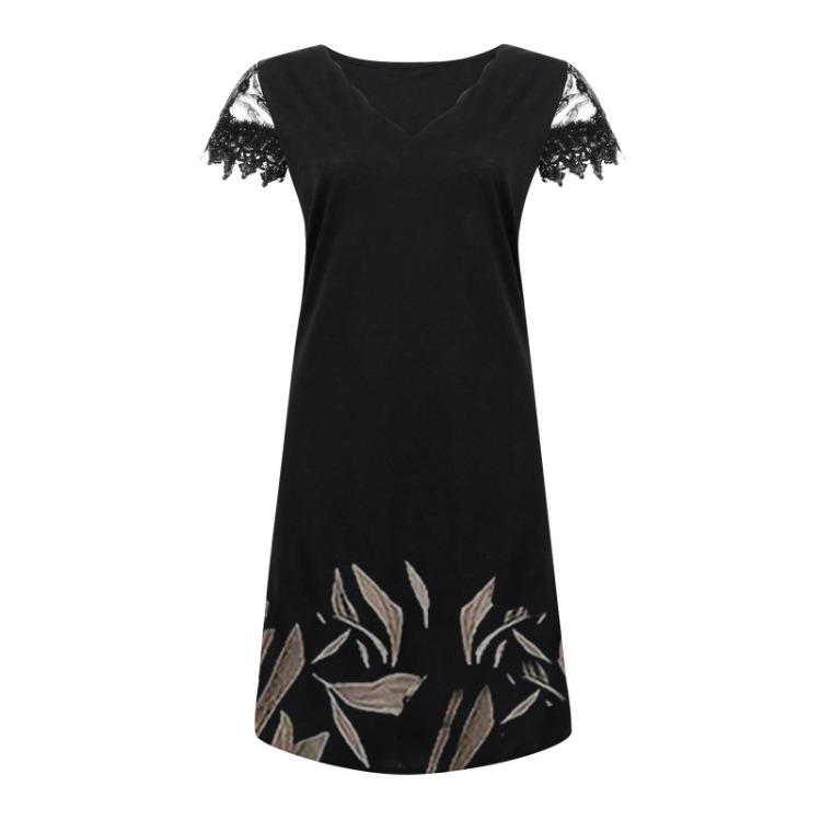 V Neck Short Sleeve Casual Dress for Women with Wave Print Lace Panel Positioning Design