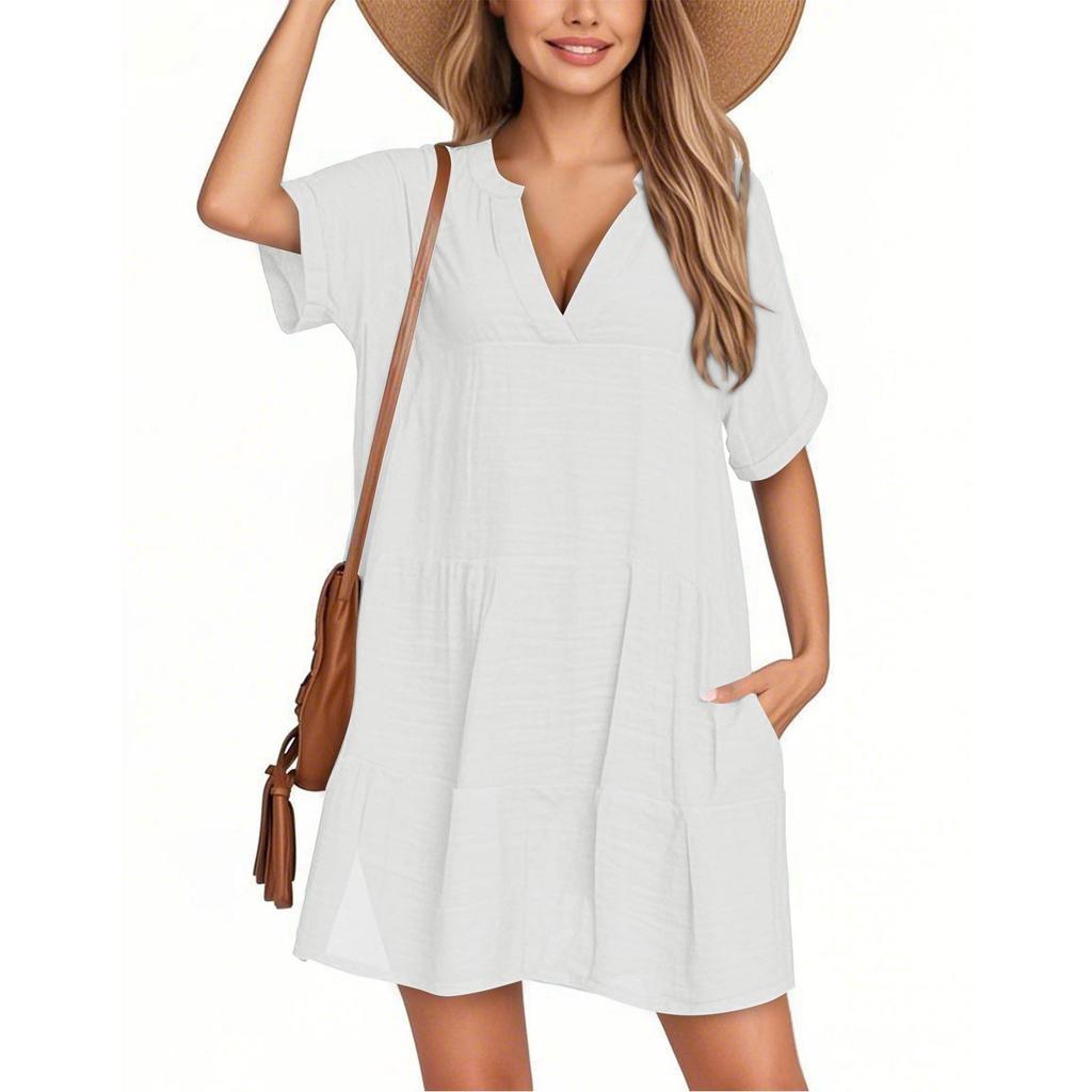 Women's Fashion Smock Casual Short-sleeved V-neck T-shirt Dress Holiday Beach Dress