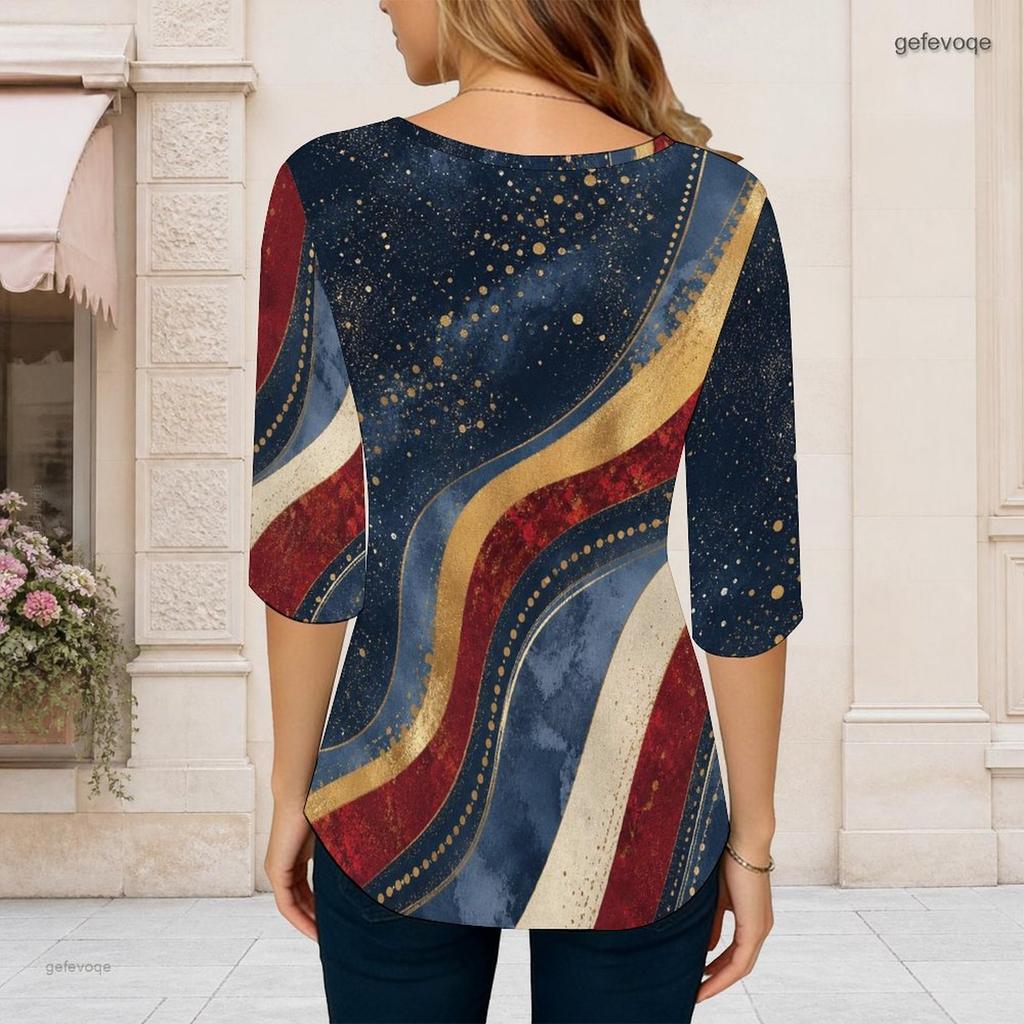 Women Plus Size Round Neck Three Quarter Sleeve Printed T Shirt Red Navy Silver Star Pattern Curved Hem