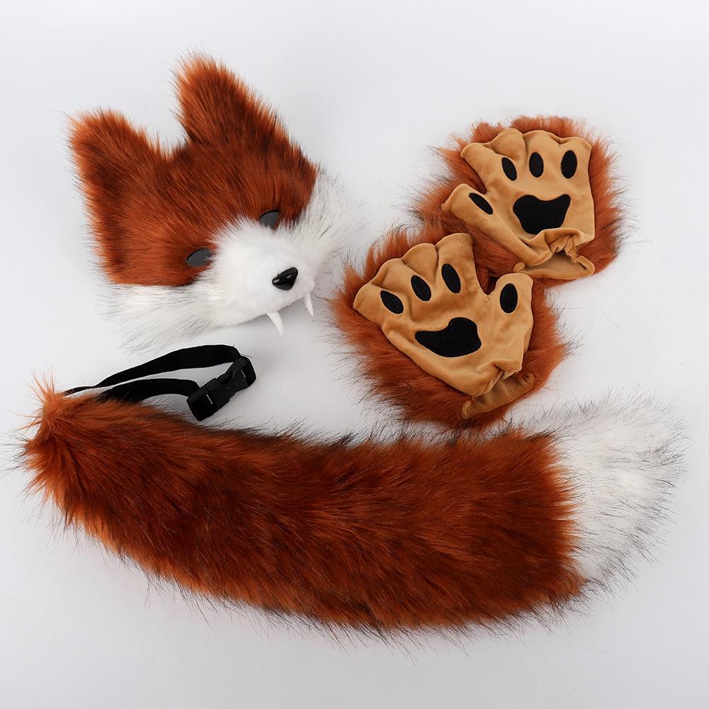 Simulation Dent de Loup Masque 3D Ensemble Accessoires Cosplay Loup Solitaire Bête Peluche Queue Fête Boule Accessoires Anime Animal Ensemble Halloween one size