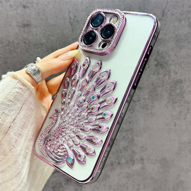 Electroplated Peacock Rhinestone Case for iPhone 15/16/17 Pro Max