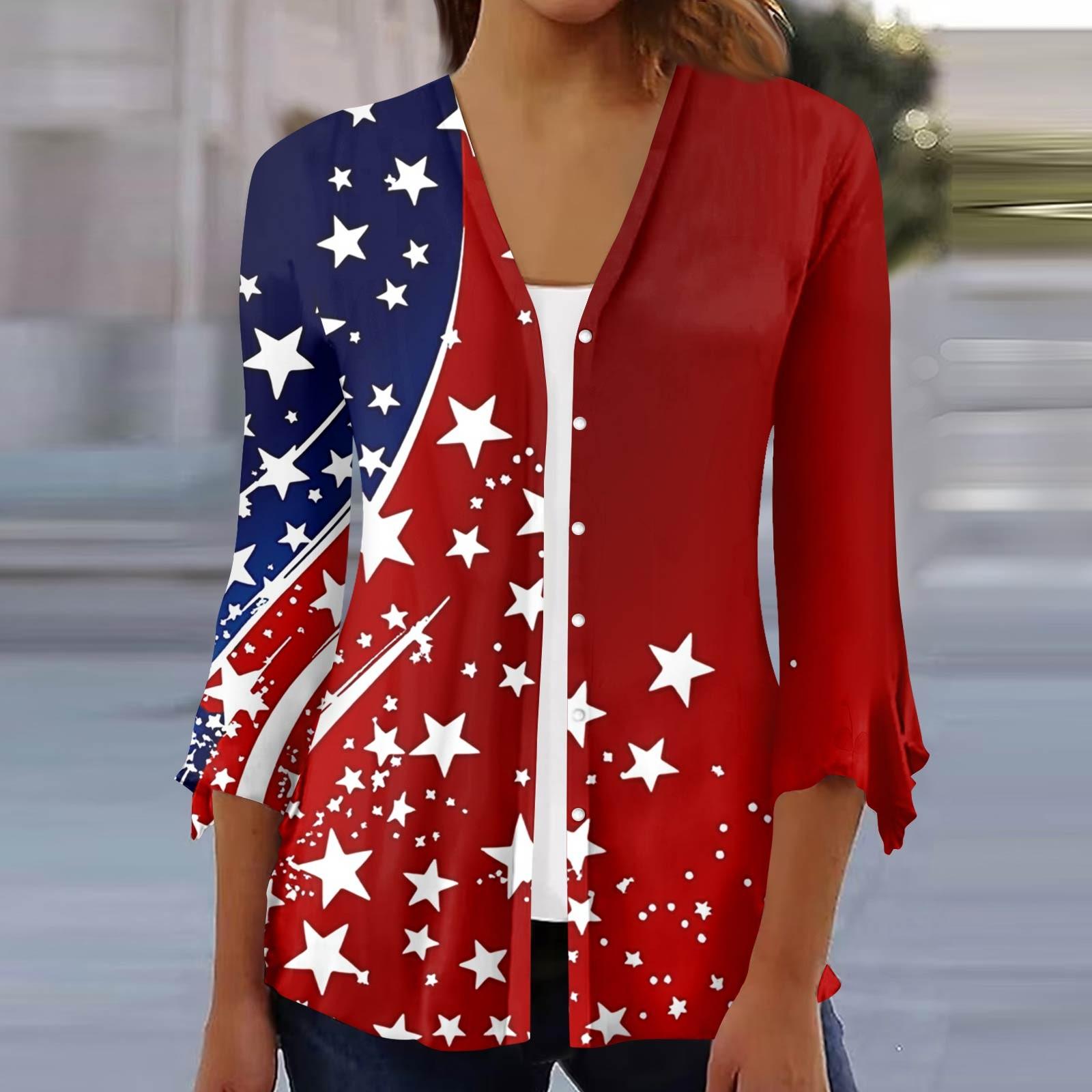 

Women s Loose Casual Independence Day Printed Seven Sleeve Button Down Shirt Cardigan Top M винный