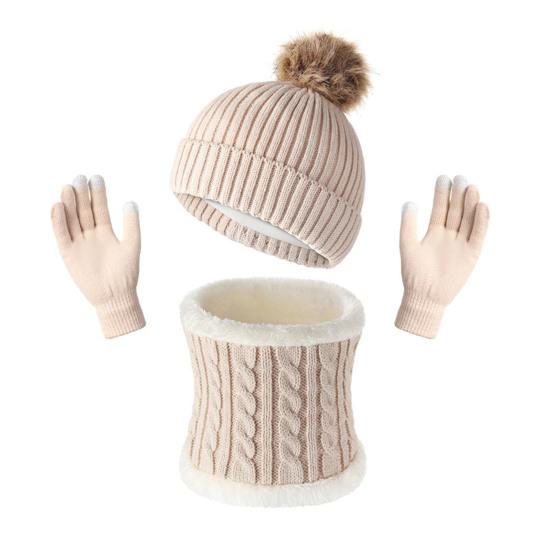 3Pcs/Set Winter Hat Scarf Gloves Set Solid Color Twist Texture Velvet Lining Winter Hat Neck Warmer Gloves Set Cold Weather Gear
