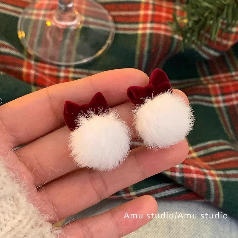 

Red velvet bow plush earrings women s autumn and winter fluffy stud earrings unique temperament ear jewelry earrings
