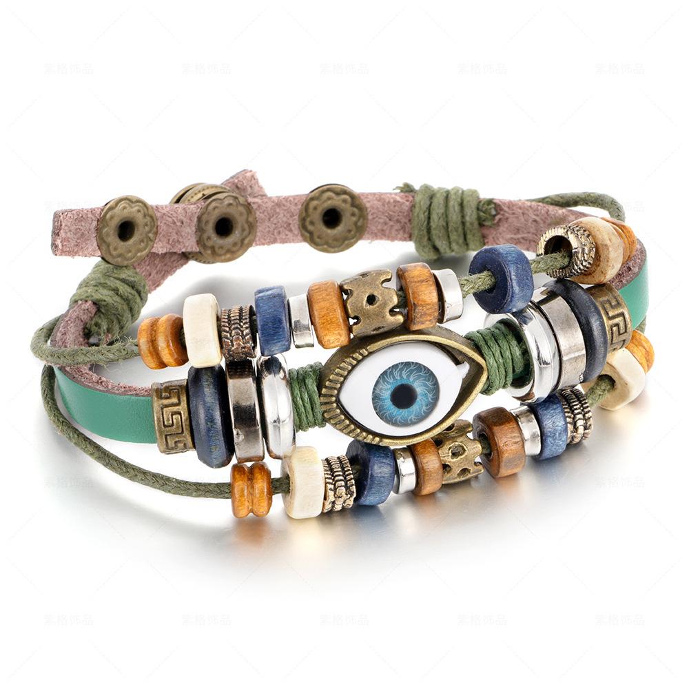 Bohemian Multilayer Braided Leather Bracelet with Eye Beads, Adjustable Couple Wristband