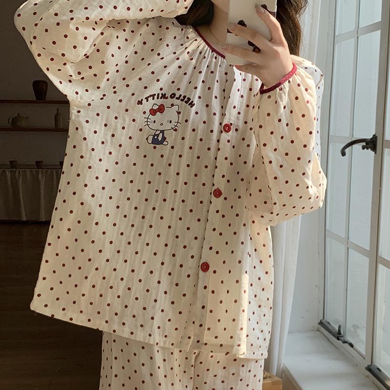 Ladies' Cartoon Pajama Set: Cotton Gauze, Long Sleeve & Pants, Thin Cardigan, Spring/Autumn Style.