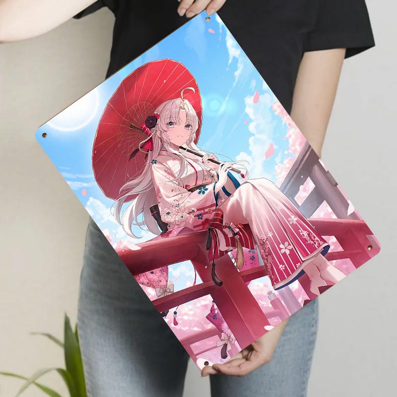 Anime Girl In Kimono with Cherry Blossoms Traditional Japanese Style Metal Wall Art Home Decor