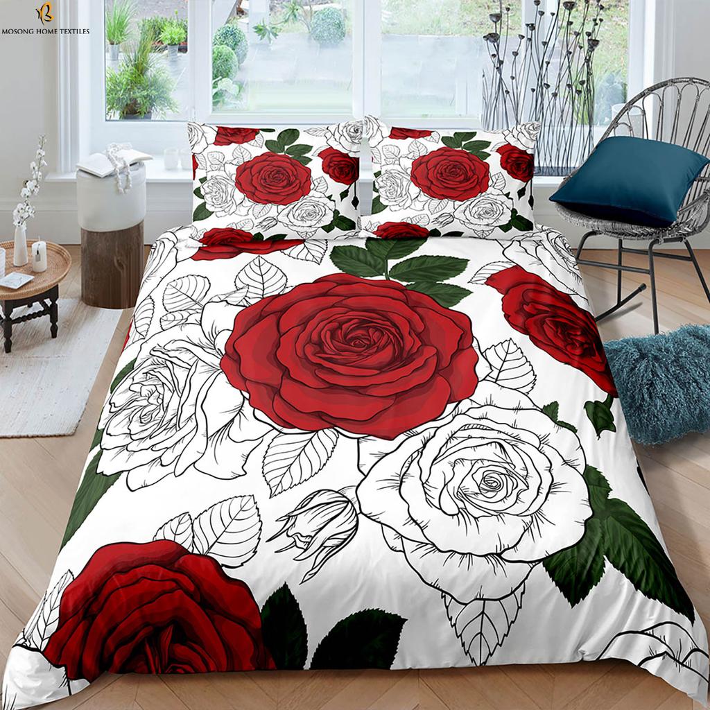 Retro Red Rose 3d Printed Quilt Cover Romantic Gift Bedding Set Quilt Cover Pillowcase Three-Piece Set 100% Polyester