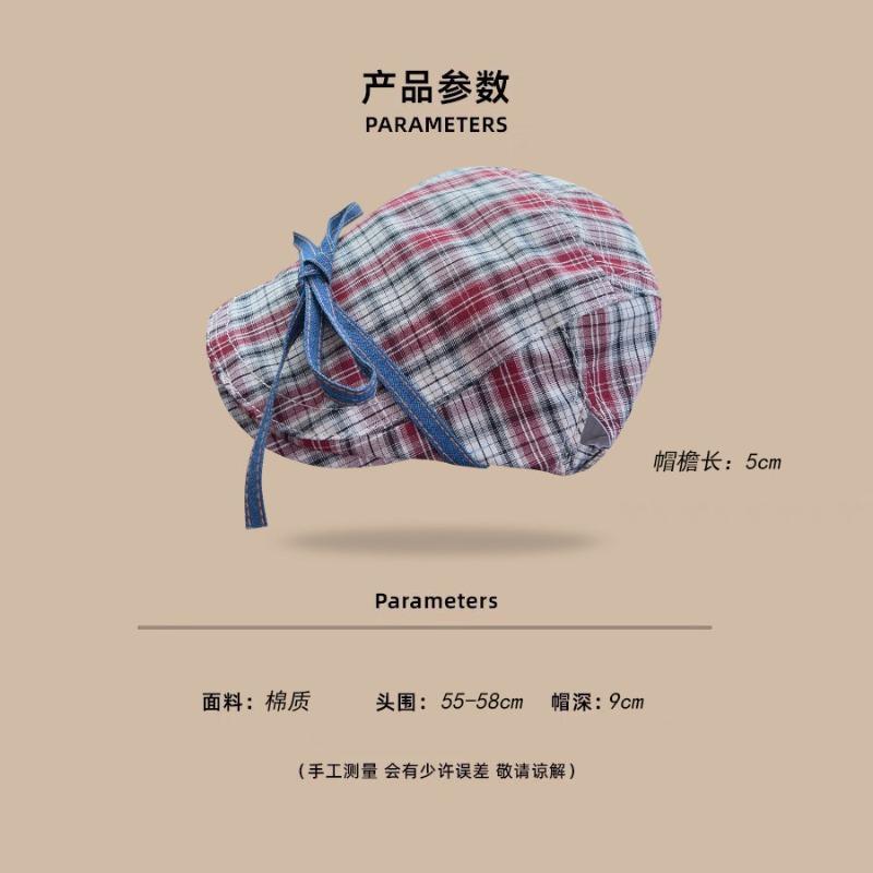 Unique Vintage Bow Tie Plaid Newsboy Cap Women Sweet Summer Thin Breathable Fashion Reversible Beret Cap