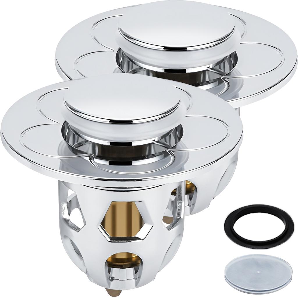 2Pcs Pop Up Sink Drain Strainer Floor Drain Filter Stainless Steel  Brass Core  Hair Catcher Stopper for Kitchen Bathroom Washba