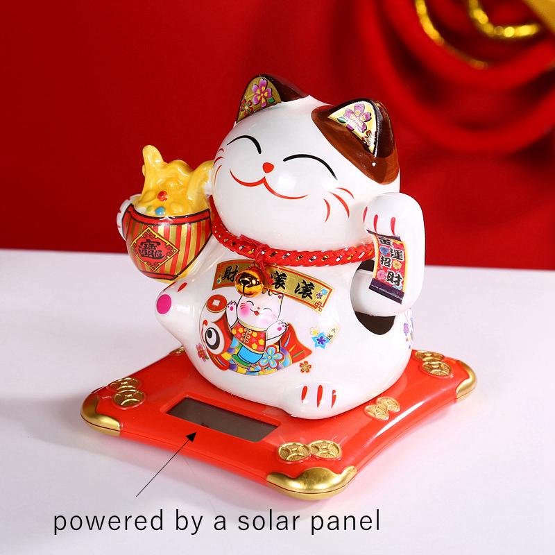 5.5 Inch Ceramic Maneki Neko Statue Solar Powered Beckoning Cat Waving Hand Lucky Cat Ornament Car Desktop Decoration Kitten