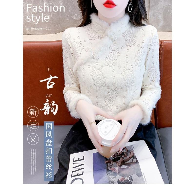 

Популярная женская кружевная базовая рубашка в китайском стиле для осени-зимы с бархатным утолщенным внутренним слоем, новый топ-ципао 6XL белый