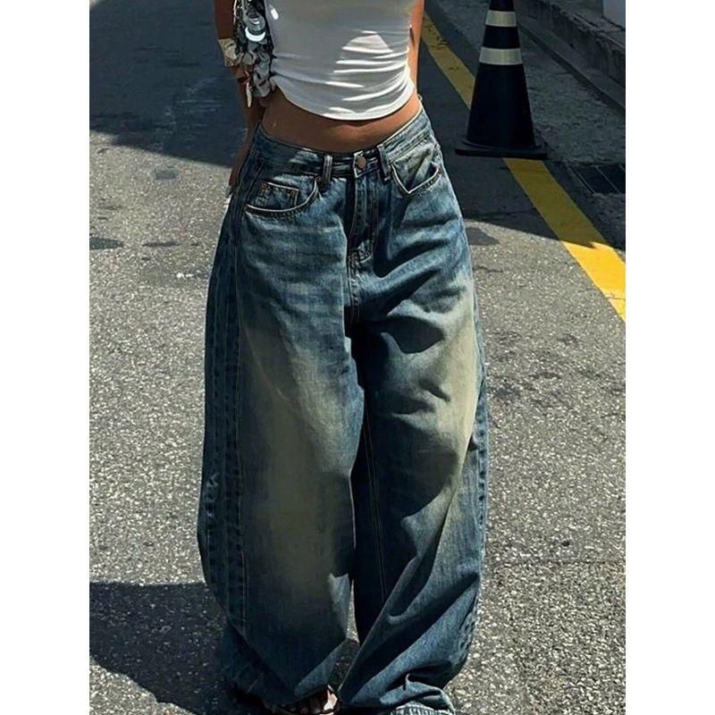Retro Blue Washed Straight-leg Denim Female American Stylish Loose Easiest for Match Casual Wide-Leg Draggle-Tail Trousers