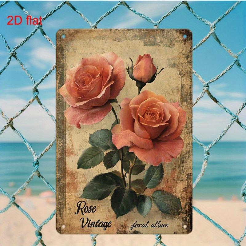 2D Flat, Vintage Rose Metal Wall Art Sign - 8"x12" Elegant Floral Decor with Pre-Drilled Holes, Durable Iron Rust Finish for Hom