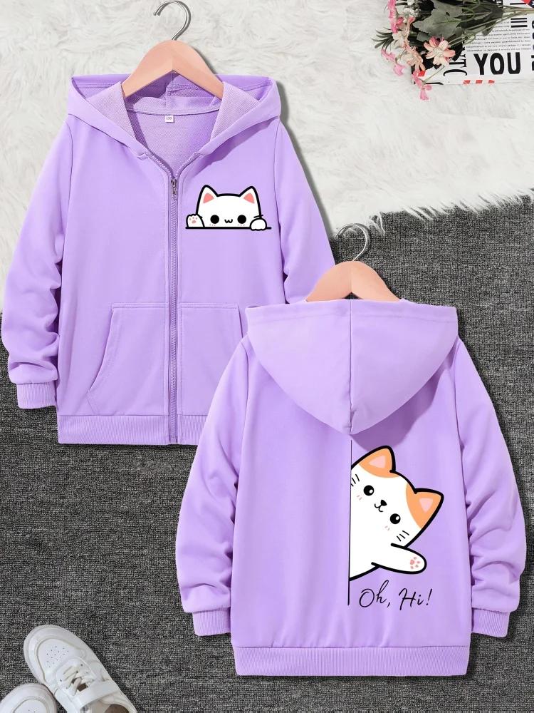 Giacca con cappuccio e zip per bambini, adorabile gatto dei cartoni animati che sbircia, stampa di lettere, manica lunga, felpa con cappuccio casual per ragazzi e ragazze, outfit quotidiano per esterni