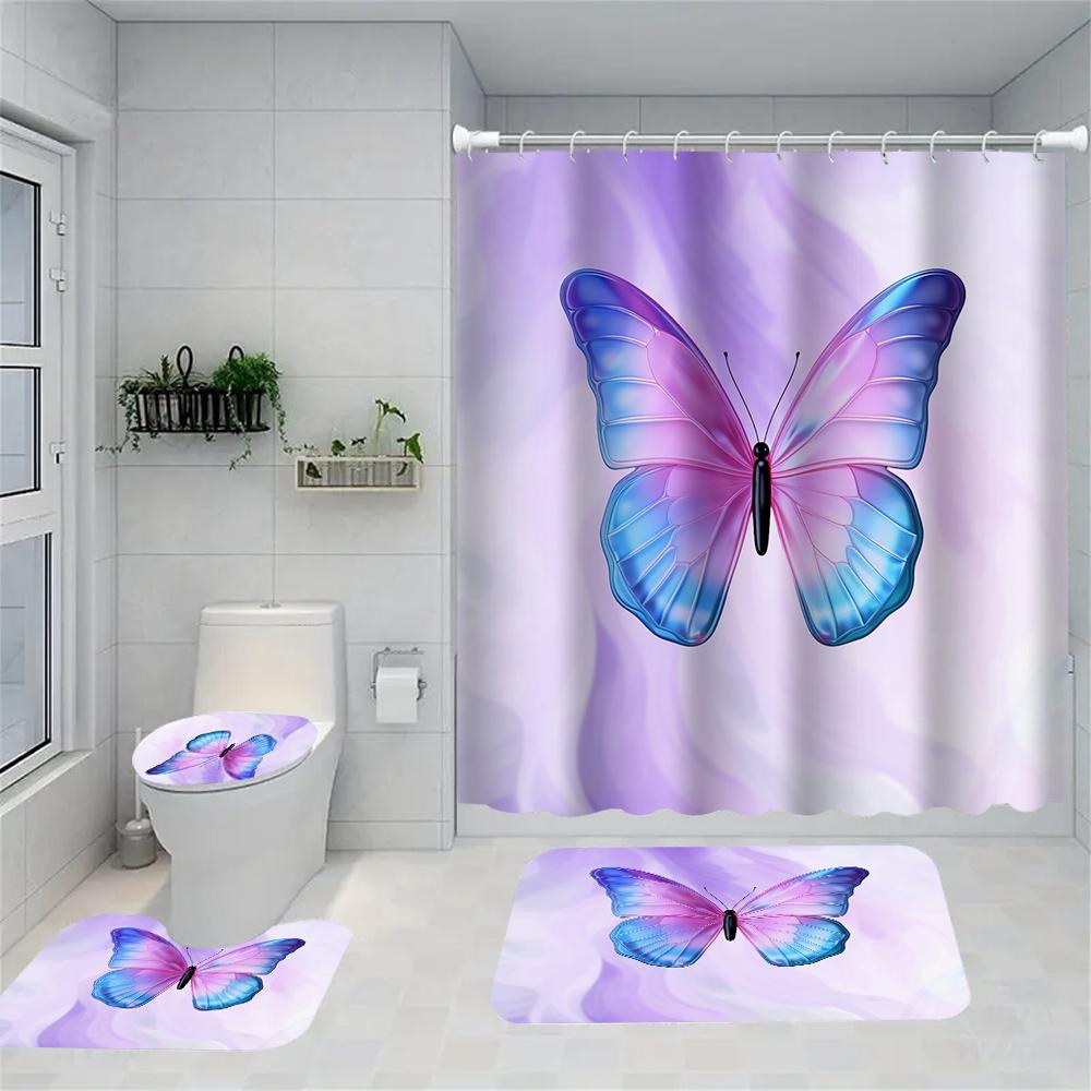 

1/4 Pink Butterfly Circle Shower Curtains, Toilet Seat Decoration, Shower Curtain With Carpet And Toilet Lid, 12 70.8X70.8 Inch W60H190(CM)-1 Pcs