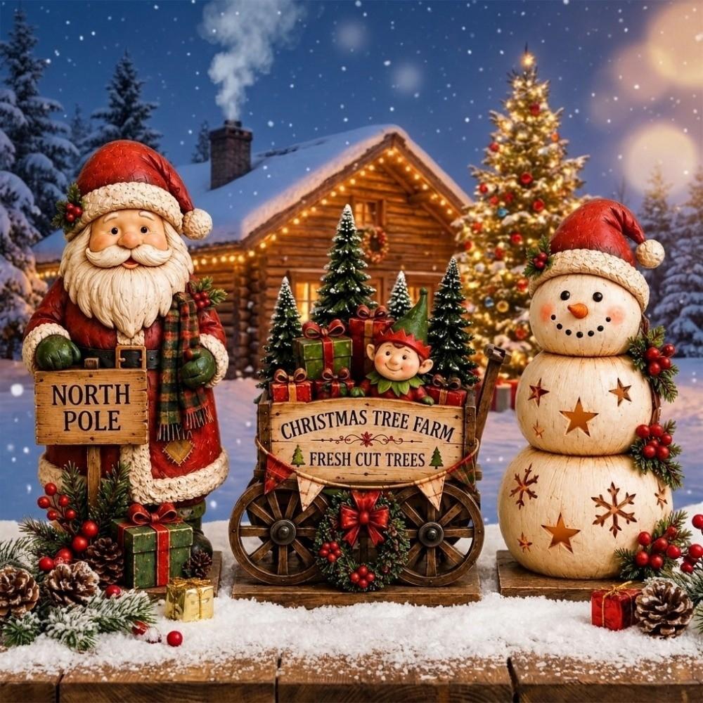 3Pcs Vintage Style Wooden Christmas Ornaments Rustic Style Christmas Figurines Home Decor