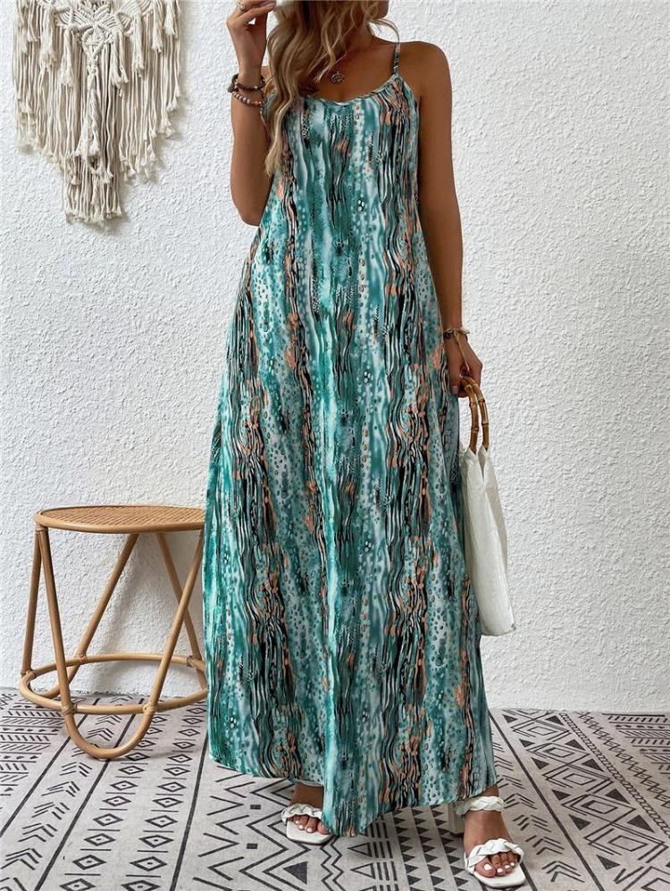 Spring Summer Women Fashion European American Style Printed Suspender Dress