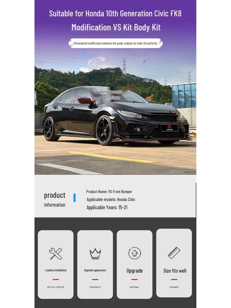 15-21 Civic FK8 Tenth Gen VS Style Full Body Kit: Front Bumper Lip, Side Skirts, Corner Caps