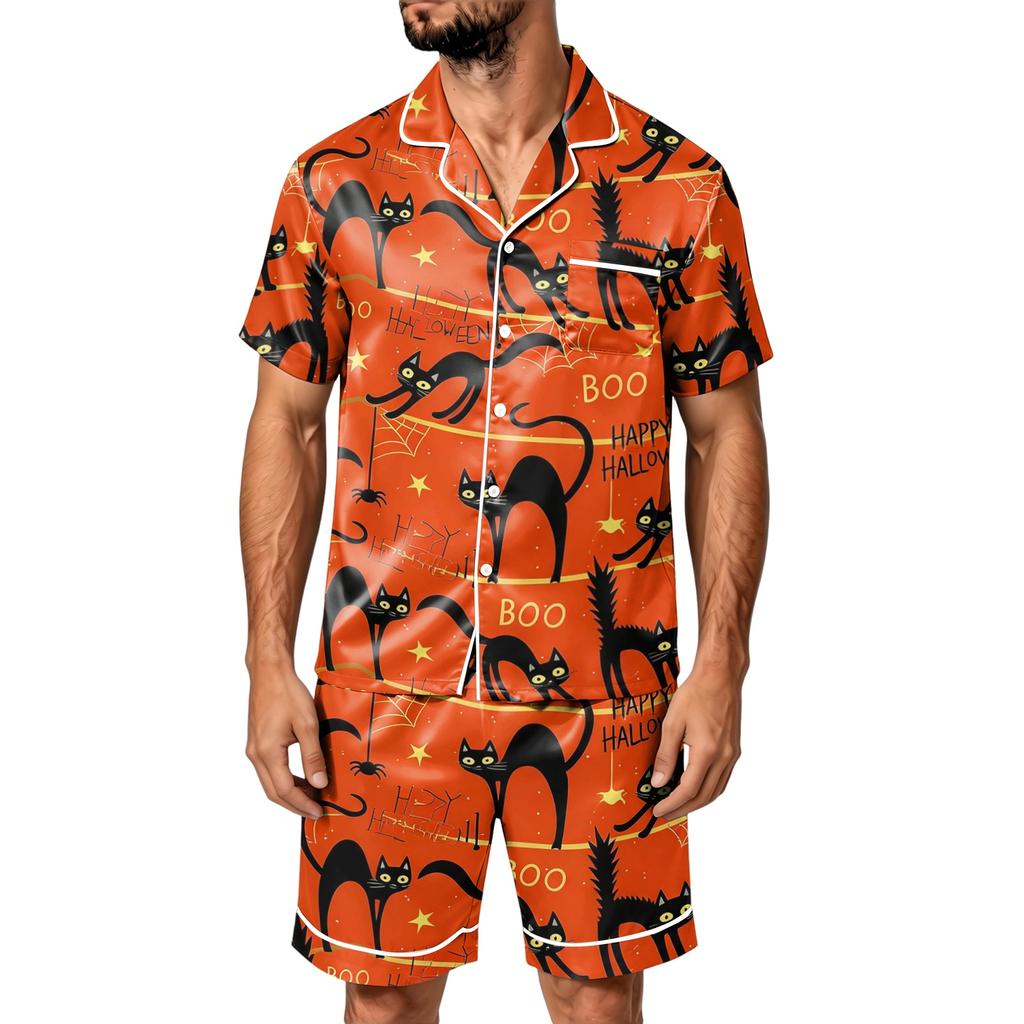 Men's Halloween Print Satin Pajama Set - Short Sleeve Tee and Shorts with Pockets, Loose Fit Sleepwear for Home