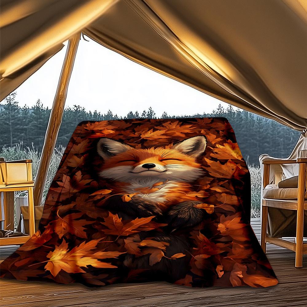 1pc Autumn Leaves, Fox Print Outdoor Blanket, Lightweight Polyester,