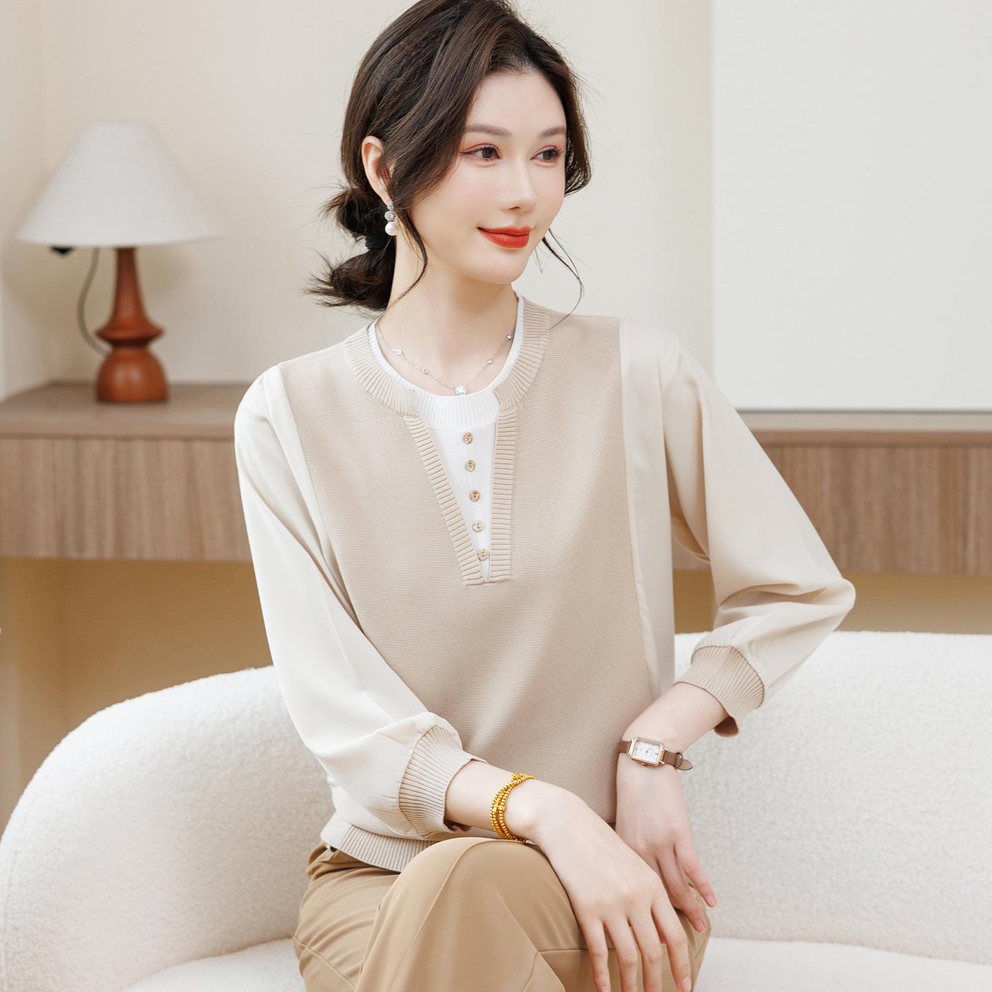 

Mom s Spring 2026 Faux Two-Piece Knit Top with Seven-Sleeve Gauze for Age-Reducing Style XL [Recommended for 110-125 lbs]