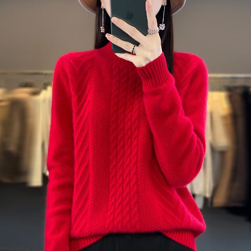 2023 Women's Autumn/Winter Thick Cable Knit Semi-High Neck Sweater