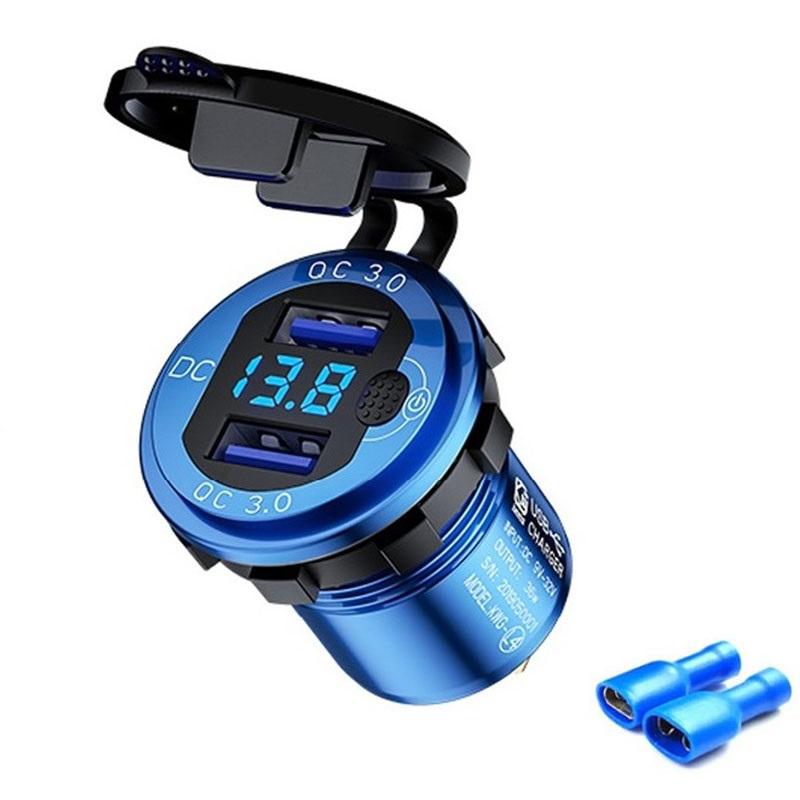 Carga rápida 3.0 36w carro duplo usb carregador qc3.0 alumínio à prova dwaterproof água com interruptor de voltímetro para 12v/24v motocicleta barco marinho rv