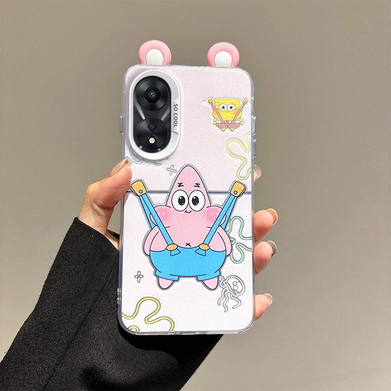 KEYSION Cute Ear Cartoon Case for OPPO A58 4G A38 A18 with Lanyard Soft Silicone+PC Shockproof Phone Back Cover for OPPO A17 A17K