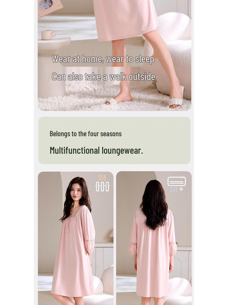 Γυναικείο Ελαφρύ Μοντάλ Βαμβακερό Νυχτικό Μήκους Μέσης, Μεγάλο Μέγεθος, για Άνοιξη και Φθινόπωρο.