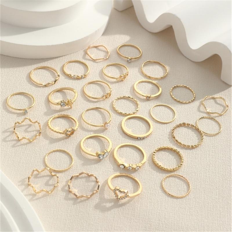 28 Pieces Love Heart Waving Rings Set Featuring Elegant Designs and Stylish Rhinestones for Fashionable Women Wear