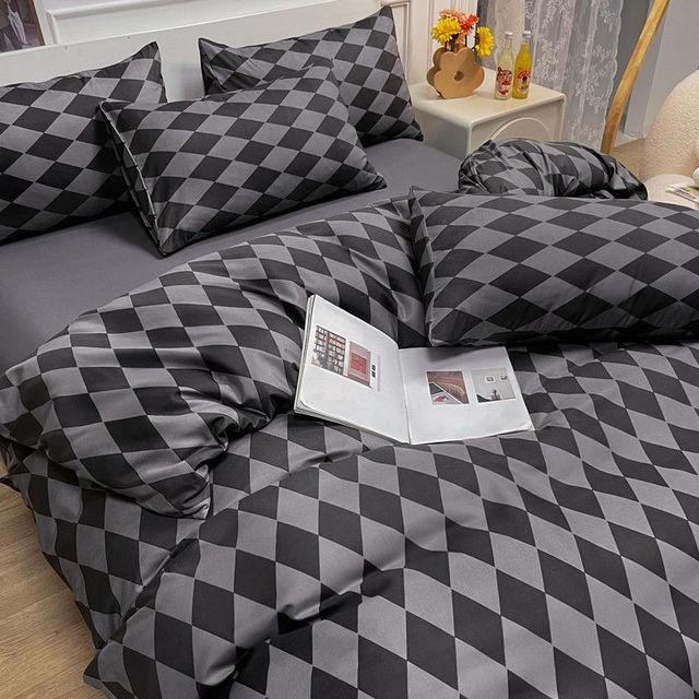 Fashion Bedding Set White Green Double Bed Linens Quilt Duvet Cover Pillowcase Queen Size Flat Sheet Classic Grid for Girl Boy