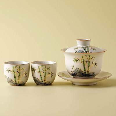 Zestaw do herbaty Gaiwan 1 Gaiwan, 2 Filiżanki, Ręcznie Malowana Ceramika, Luksusowy Zestaw do Herbaty Kung Fu, Naczynia do Herbaty z Pieca Ru