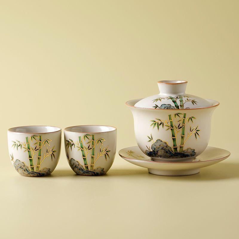 Zestaw do herbaty Gaiwan 1 Gaiwan, 2 Filiżanki, Ręcznie Malowana Ceramika, Luksusowy Zestaw do Herbaty Kung Fu, Naczynia do Herbaty z Pieca Ru
